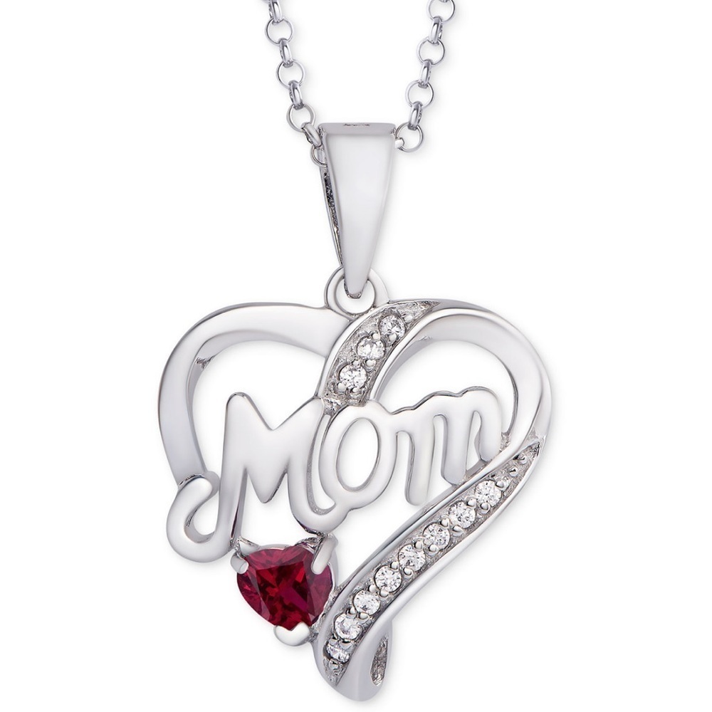 NWT MACY’S RHODOLITE GARNET & WHITE SAPPHIRE HEART MOM STERLING SILVER NECKLACE